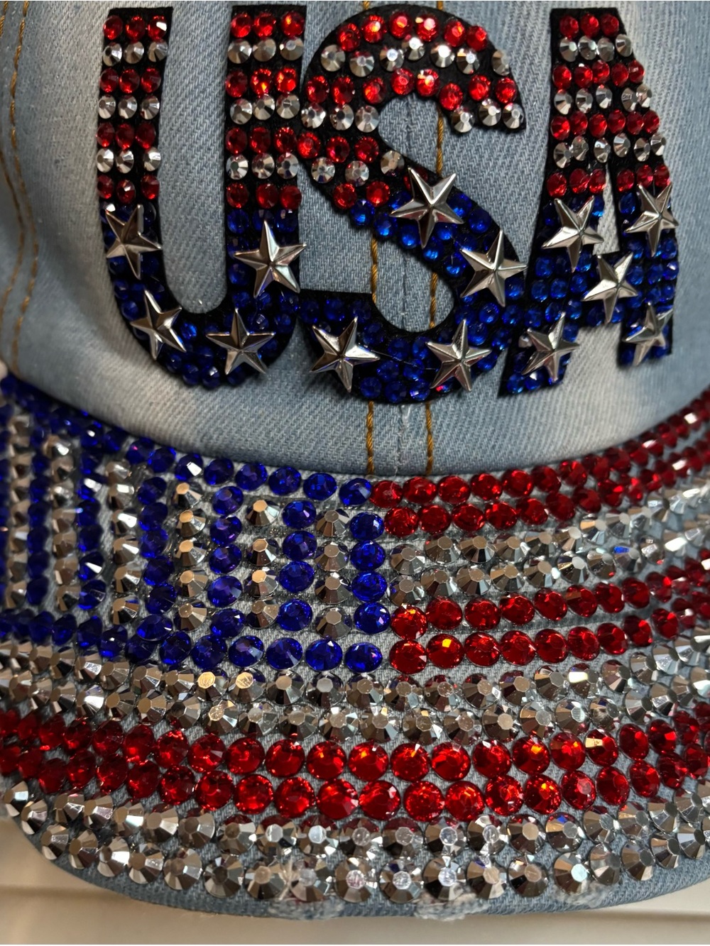 Rhinestone USA Bejeweled Denim Baseball Cap - Red, White & Blue - Picture 3 of 6